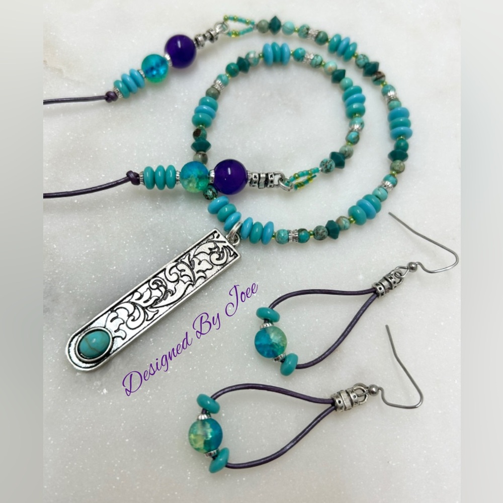 Boho Leather & Gemstone Necklace & Earrings Set